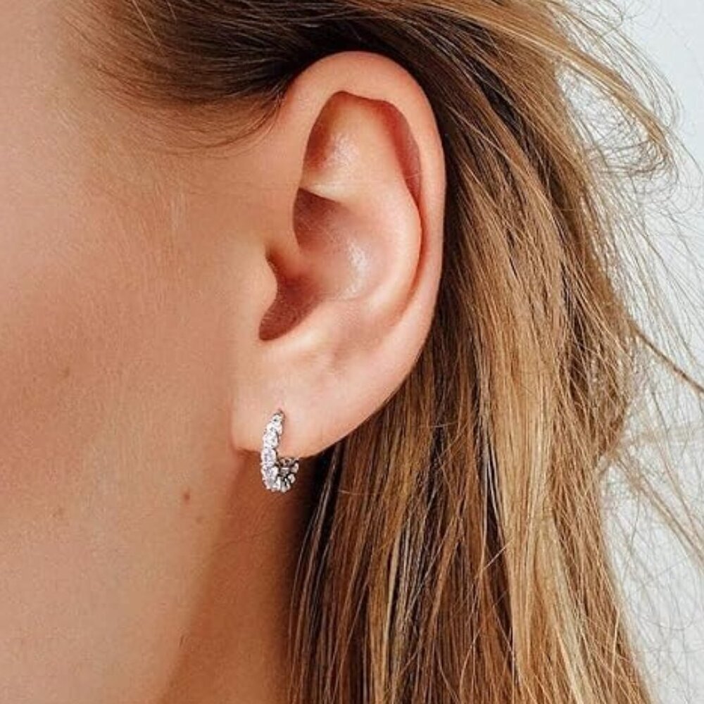 Women's 14K Gold Plated 925 Sterling Silver Cubic Zirconia Hoop Dainty Earrings - Picture 5 of 6